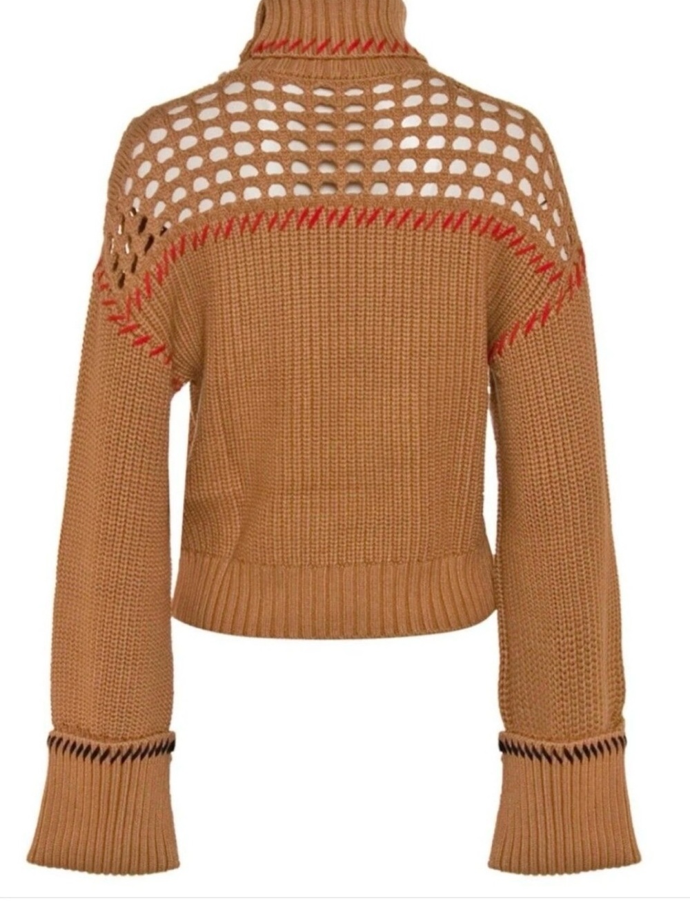 STAUD Camel Turtleneck Open-Knit Cropped Sweater with Red Stitching